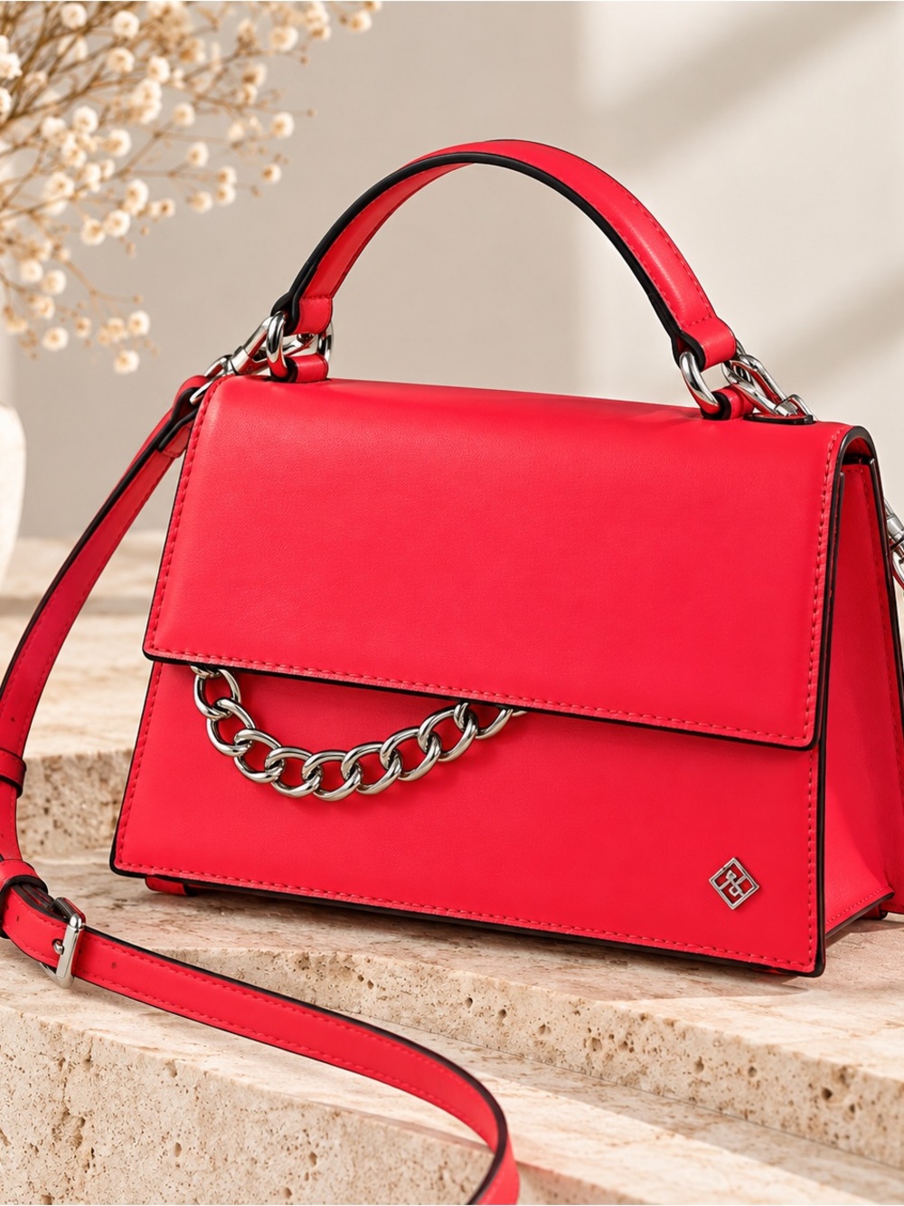 Call It Spring Red Structured Top-Handle Crossbody with Chain Accent